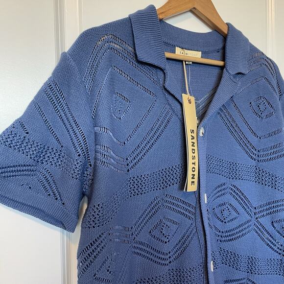 NWT Sandstone Geometric Knit Short Sleeve Coastal Sweater Polo Top Shirt Men’s M - Picture 3 of 8